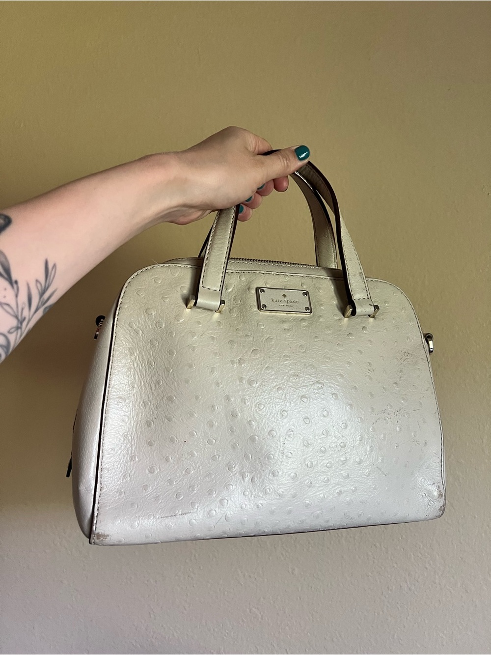 kate spade cream ostrich-embossed dome satchel purse bag
